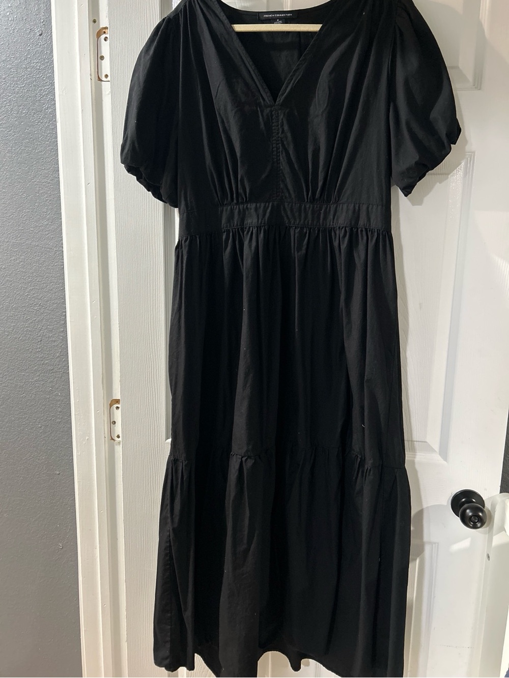 French Connection Black Midi Puff-Sleeve V-Neck Dress